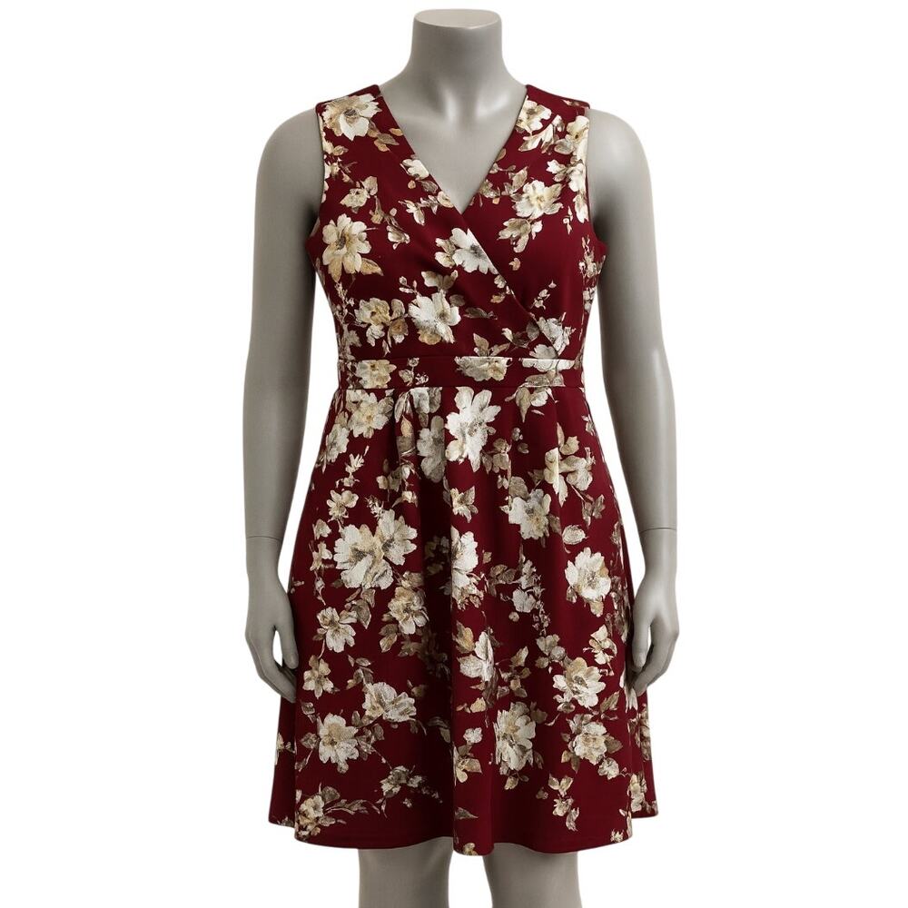 Enfocus Studio Dress Size 14 Burgundy Gold Silver Metallic Fit Flare V Neck Glam